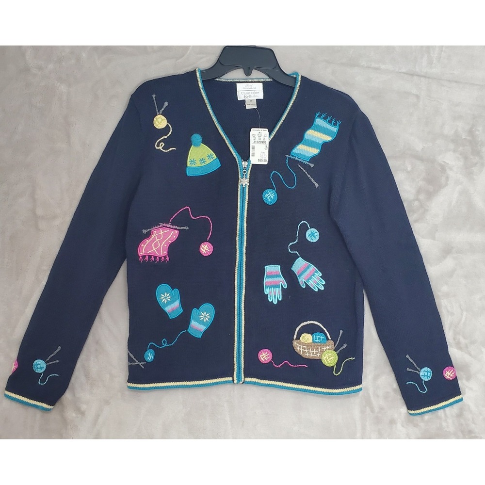 Vintage Christopher & Banks Cardigan Sweater M Navy Knit Mittens Embroidered NWT